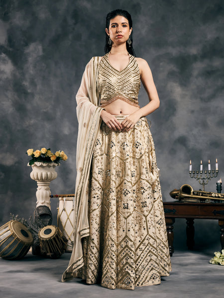 Ivory pipe work lehenga