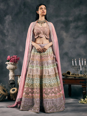 Multi pastel mirror work lehenga