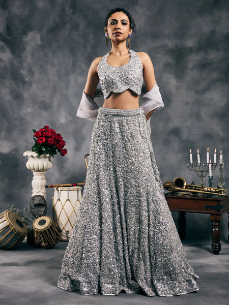 Silver fish-cut sequin lehenga