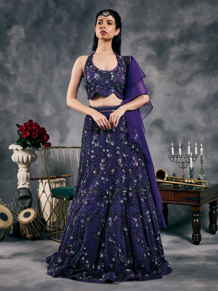 Purple fish-cut sequin lehenga