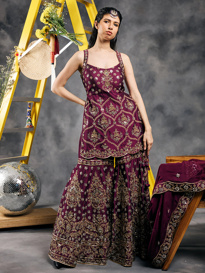 Plum zardozi and mirror work garara