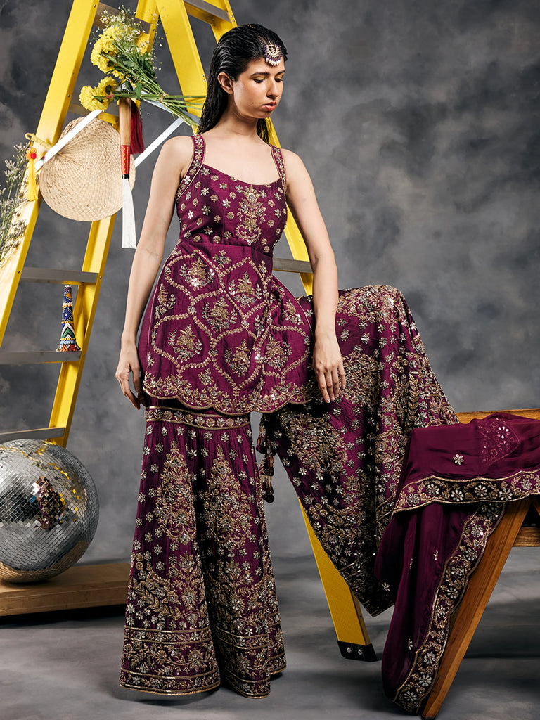 Plum zardozi and mirror work garara