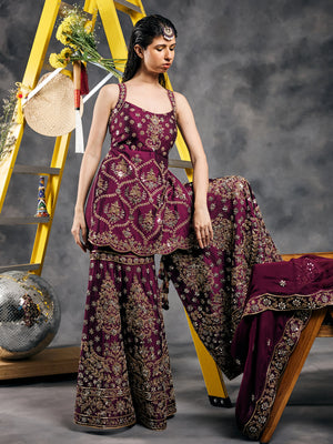 Plum zardozi and mirror work garara