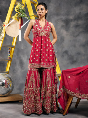Fuchsia mirror work peplum garara