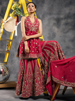 Fuchsia mirror work peplum garara