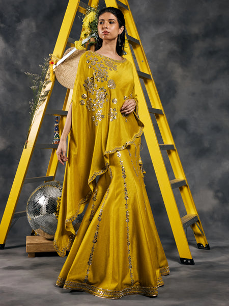 Olive fish-cut mirror work lehenga