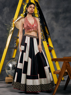 Black and white geometric patchwork lehenga