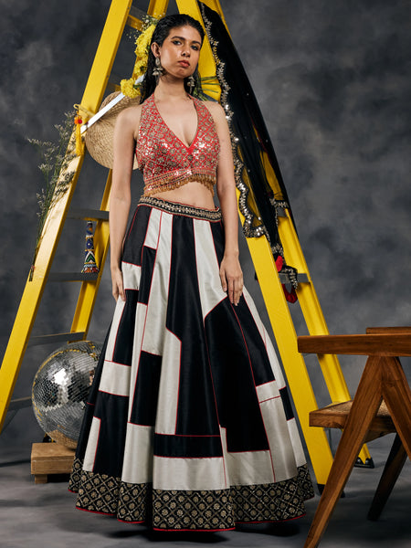 Black and white geometric patchwork lehenga