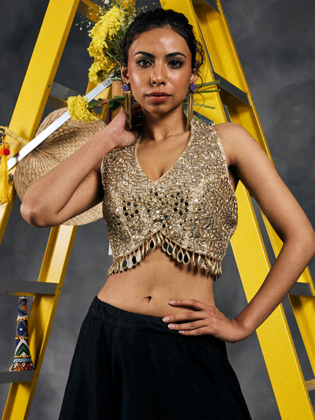 Ivory Gold Mirror Work Halter Blouse