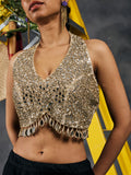 Ivory Gold Mirror Work Halter Blouse