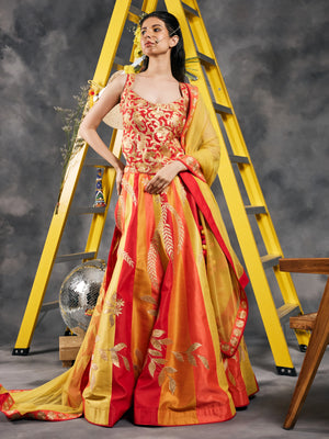 Flame striped patchwork lehenga