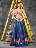 Peacock-colored chevron striped patchwork lehenga