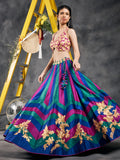 Peacock-colored chevron striped patchwork lehenga