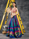 Peacock-colored chevron striped patchwork lehenga