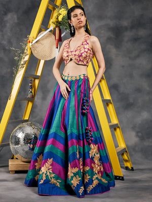 Peacock-colored chevron striped patchwork lehenga