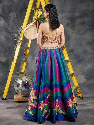 Peacock-colored chevron striped patchwork lehenga