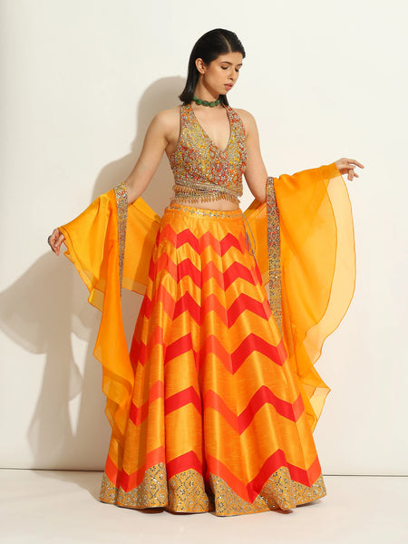 Yellow & Orange Chevron Lehenga