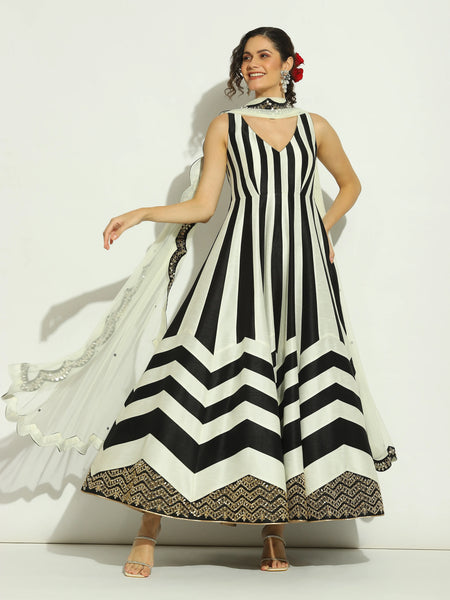 Black & White Chevron Patchwork Sleeveless Anarkali