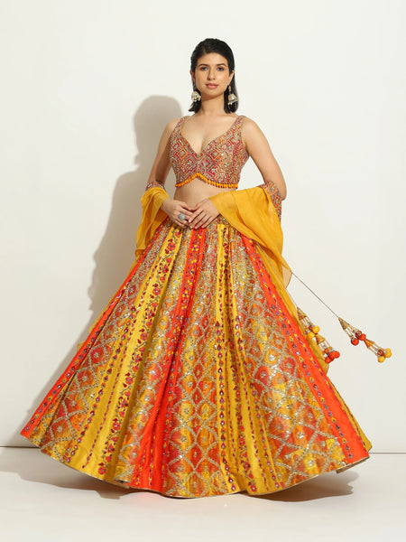 Flame , Brocade , Mirror & Thread Work Lehenga