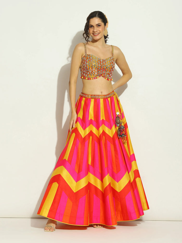 Flame Chevron Patchwork Sphagetti Lehenga