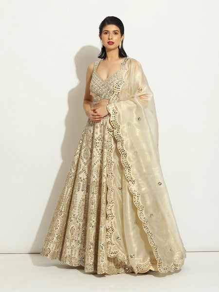 Ivory Mirror Work Sleeveless Lehenga