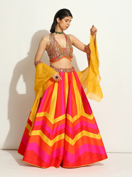 Yellow , Orange & Fuchsia Chevron Lehenga