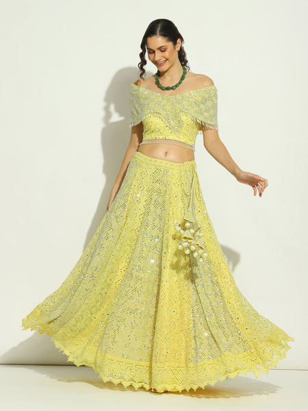 Yellow Net Chikankari Swaroskvi Lehenga