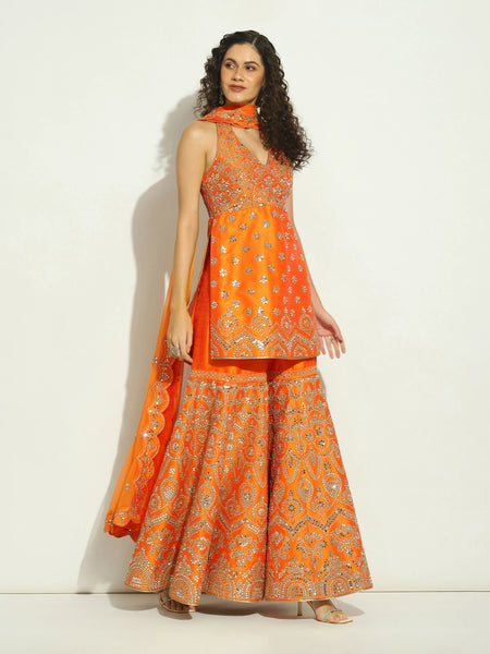 Flame Orange Mirror Kurti Garara