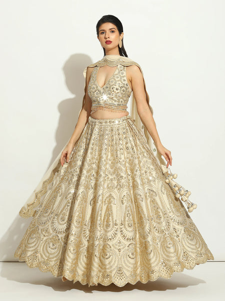 Ivory Mirror Halter Neck Scalloped Lehenga