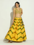 Yellow and Green Chevron Patchwork Mirror Lehenga