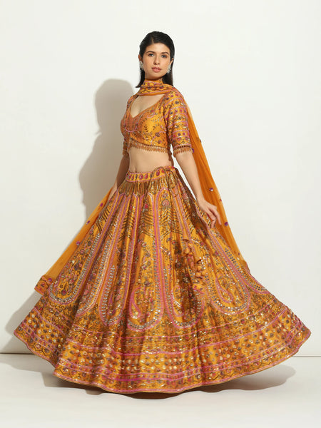 Ochre Zardozi Thread Work Lehenga