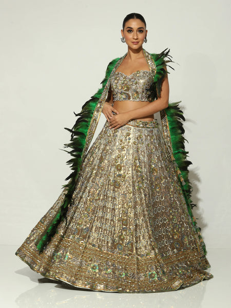 Peacock Georgette Feathered Lehenga