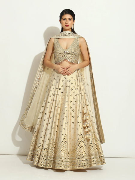 Ivory Shimmer Mirror Sleeveless Lehenga