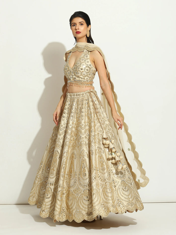 Ivory Mirror Halter Neck Scalloped Lehenga