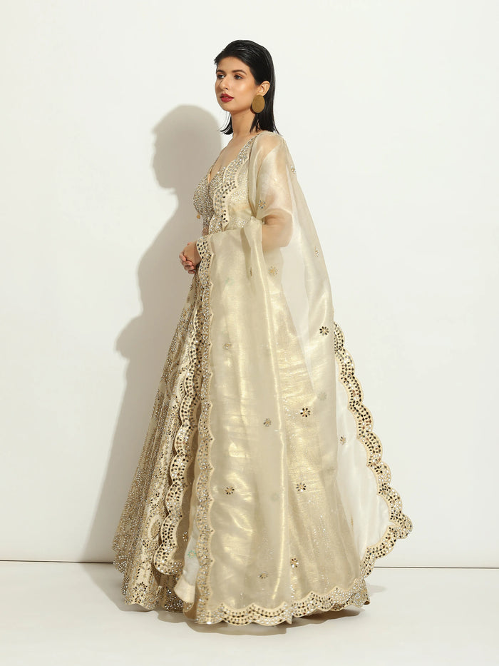 Ivory Mirror Work Sleeveless Lehenga