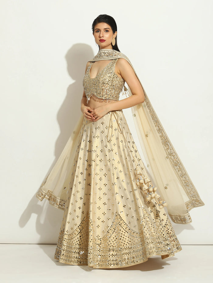 Ivory Shimmer Mirror Sleeveless Lehenga