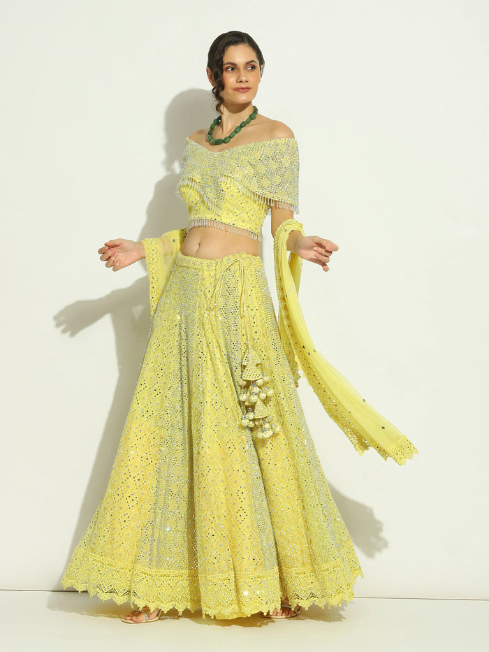 Yellow Net Chikankari Swaroskvi Lehenga