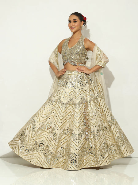 Shaahee Ivory Gold Pipework Lehenga