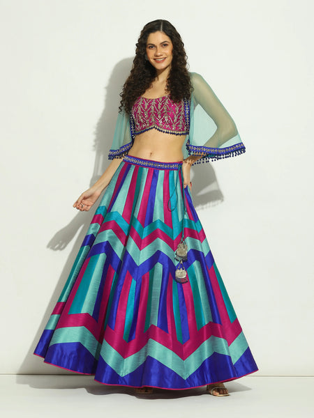 Indigo Chevron Patchwork Shrug Lehenga