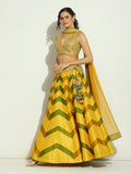 Yellow and Green Chevron Patchwork Mirror Lehenga