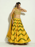 Yellow and Green Chevron Patchwork Mirror Lehenga