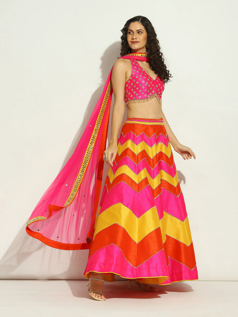 Fushsia Orange Yellow Chevron Patchwork Lehenga