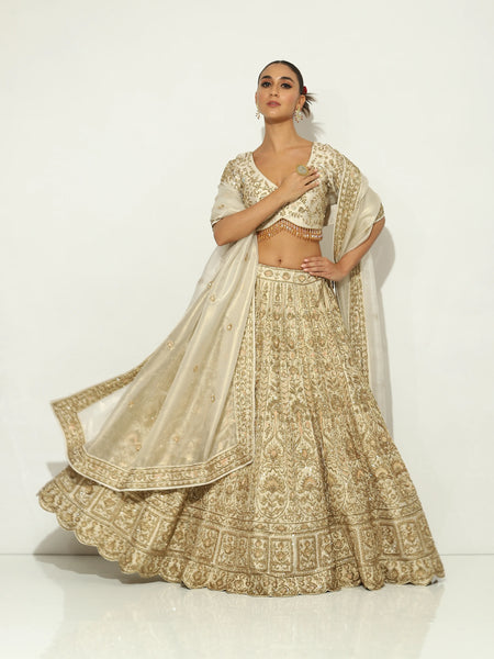 Shaahee Bridal Gold Zardozi Half - Sleeved Blouse Lehenga