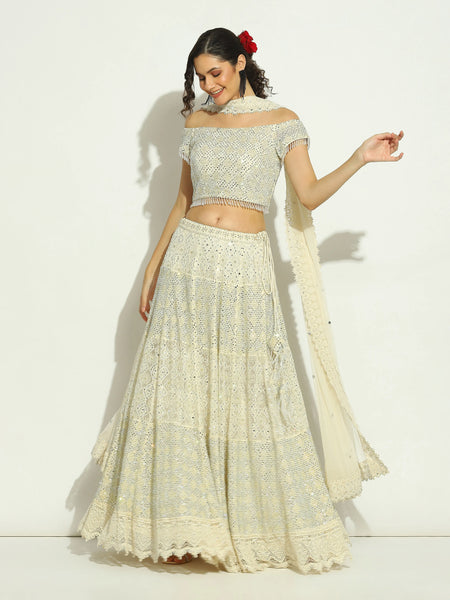 Ivory Net Chikankari Swaroskvi Lehenga