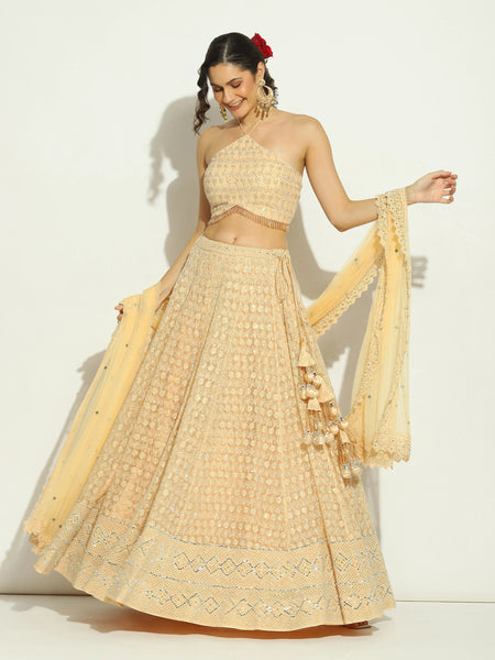 Peach Net Chikankari Swaroskvi Lehenga