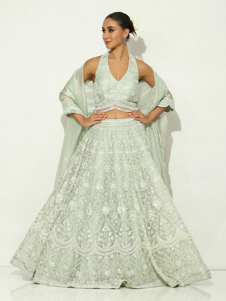 Mint Green PalePearl Halter Cut Lehenga