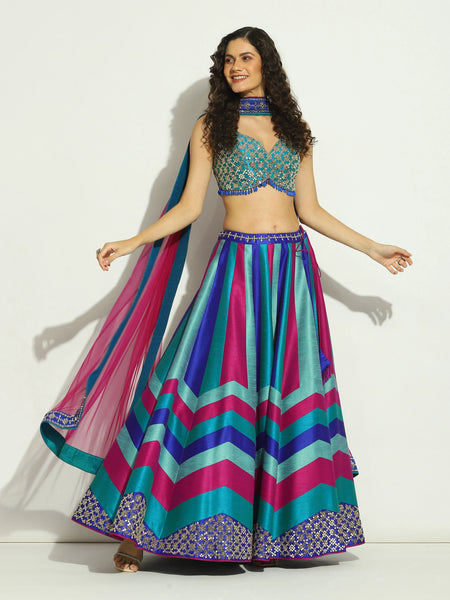 Indigo Aubergine Turquoise Chevron Patchwork Lehenga