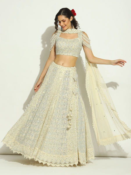 Ivory Net Chikankari Swaroskvi Trinket Sleeve Lehenga