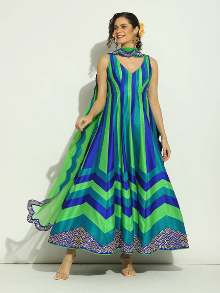 Peacock Chevron Stripped Patchwork Anarkali