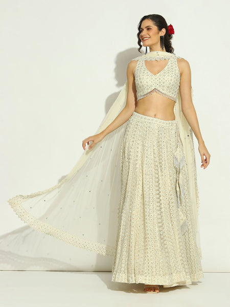 Ivory Net Chikankari Swaroskvi Back Keyhole Lehenga